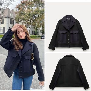 Zara MANTECO wool cropped short black coat Size M ZW collection